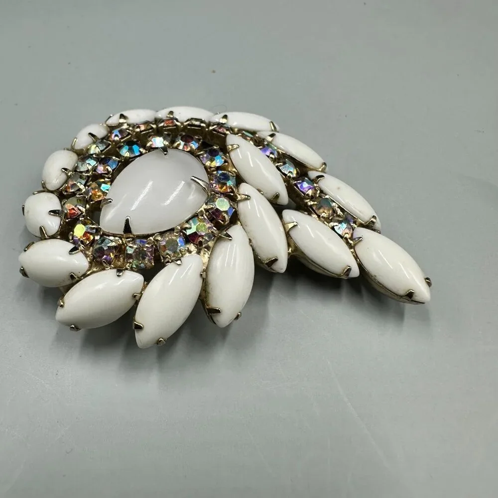 Vintage Milk Glass Rhinestone Brooch Silver Tone Aurora Borealis Swirl Statement